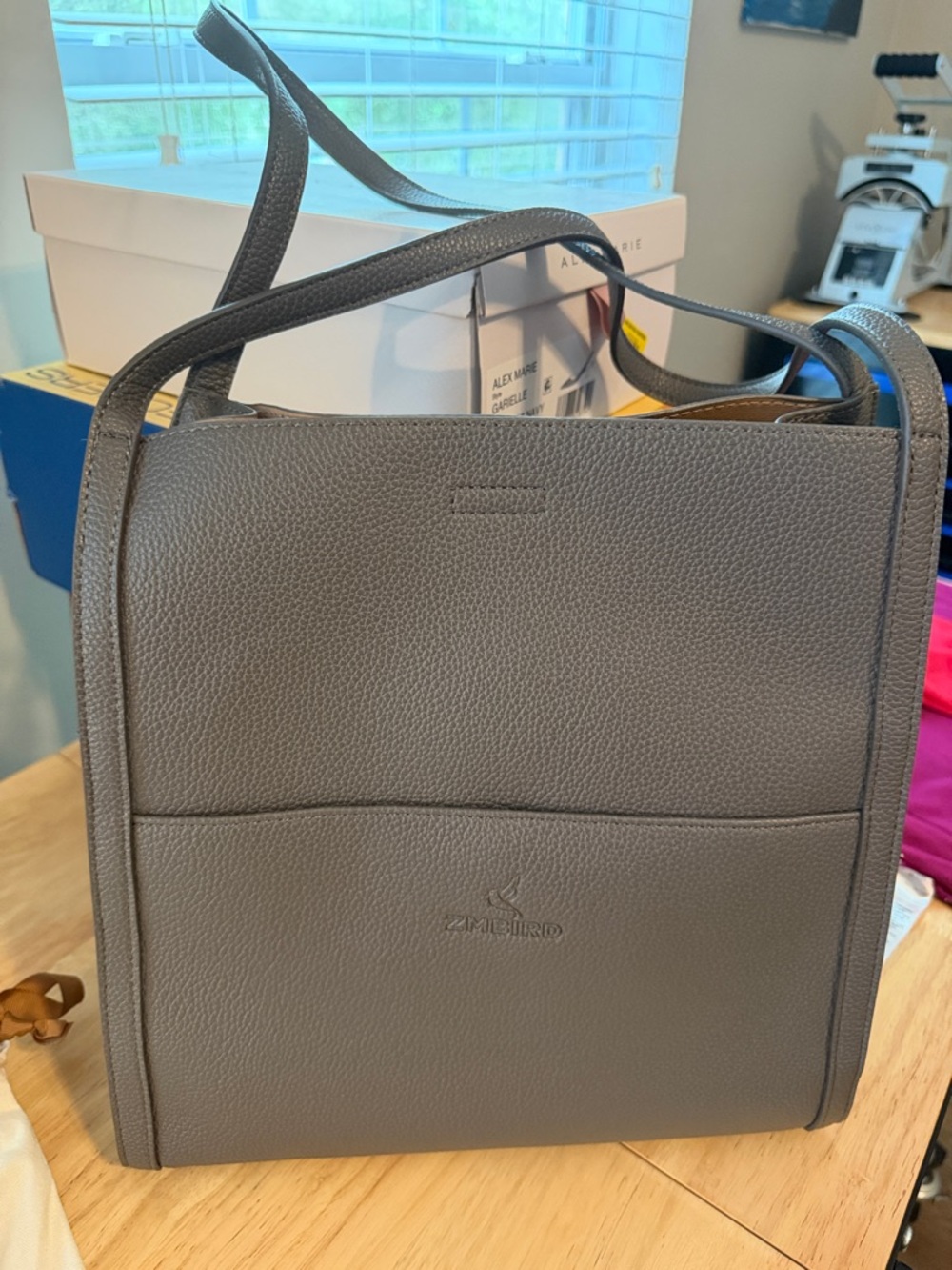 Pebbled Gray Shoulder Tote with Front Pocket